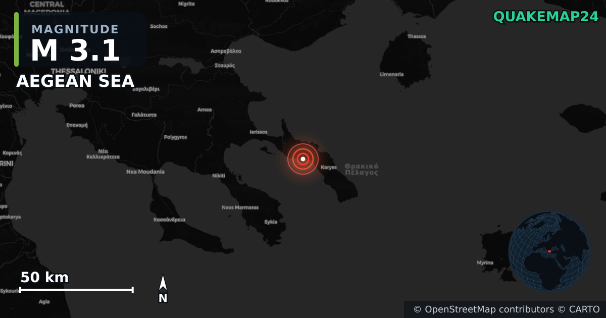 M3.1 earthquake near AEGEAN SEA on Jun 7, 2025 — map of epicenter and shaking intensity | QuakeMap24