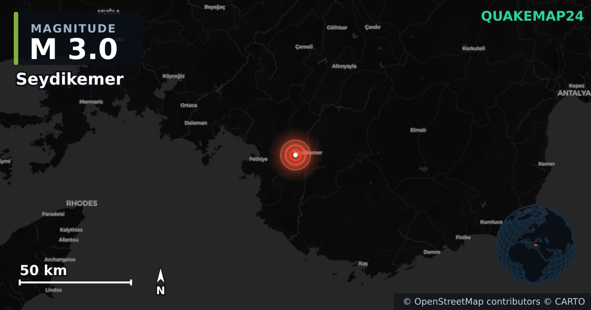 Sismo de M3,0 perto de Seydikemer (Turquia) · 2026-01-04 — Mapa da localização do epicentro