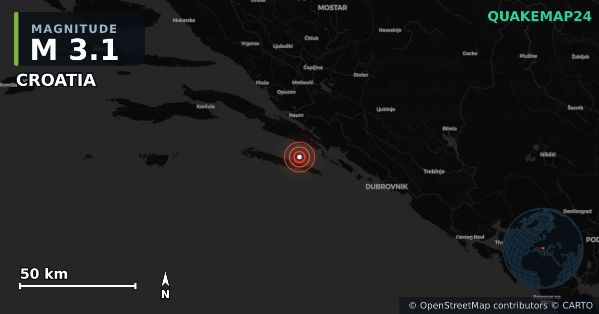 M3.1 earthquake near CROATIA on May 19, 2025 — map of epicenter and shaking intensity | QuakeMap24