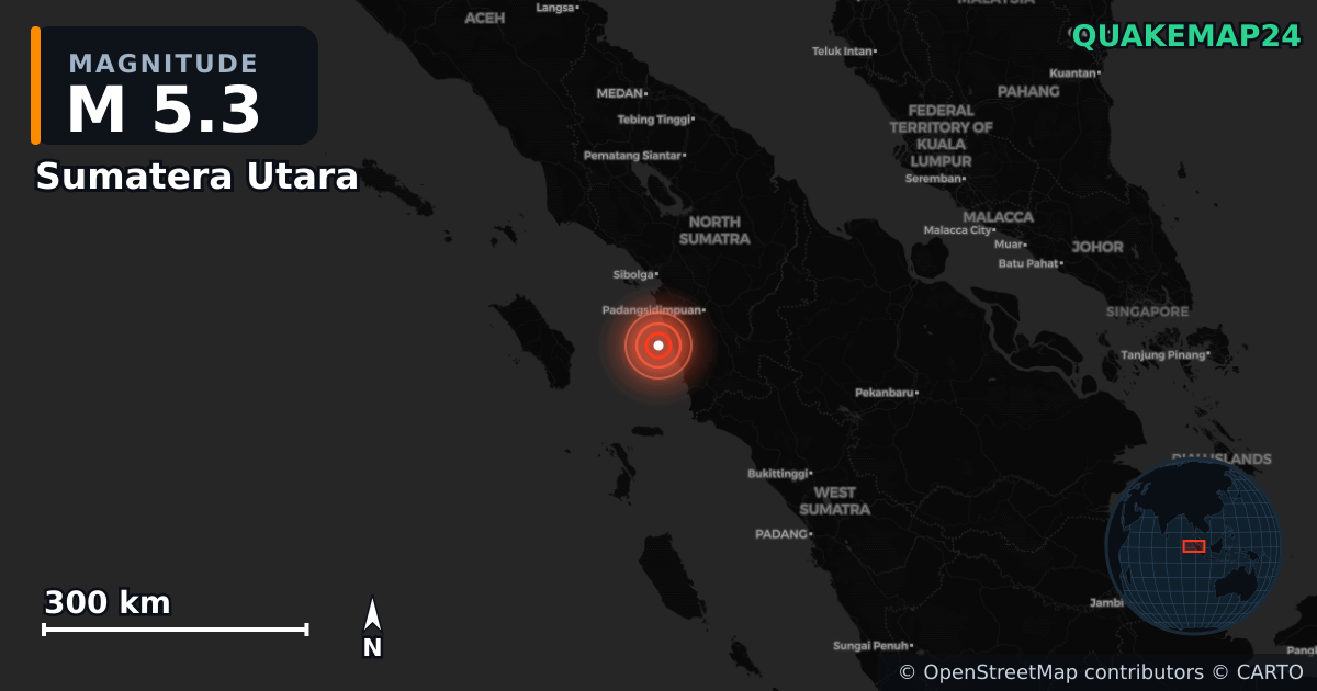 M5.3 earthquake near Sumatera Utara on Aug 7, 2025 — map of epicenter and shaking intensity | QuakeMap24