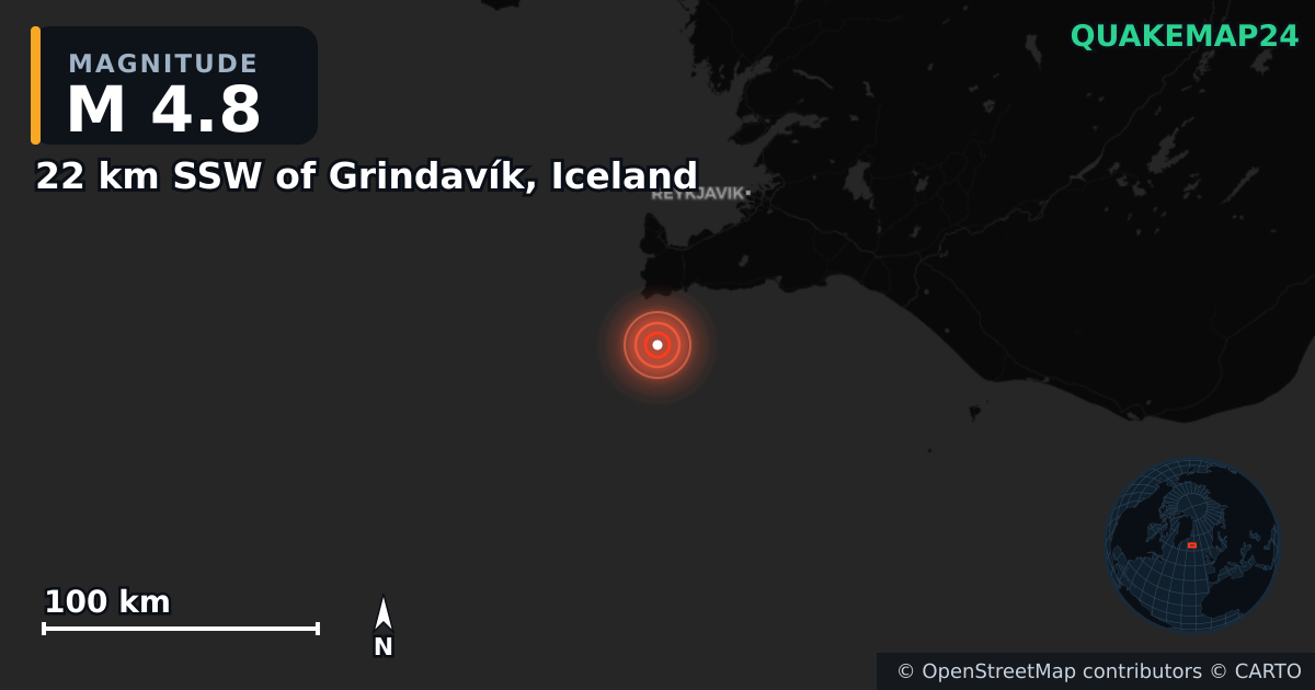 22 km SSW of Grindavík, Iceland yakınında M4,8 deprem · 2025-04-01 — Deprem merkez üssünün konumunu gösteren harita