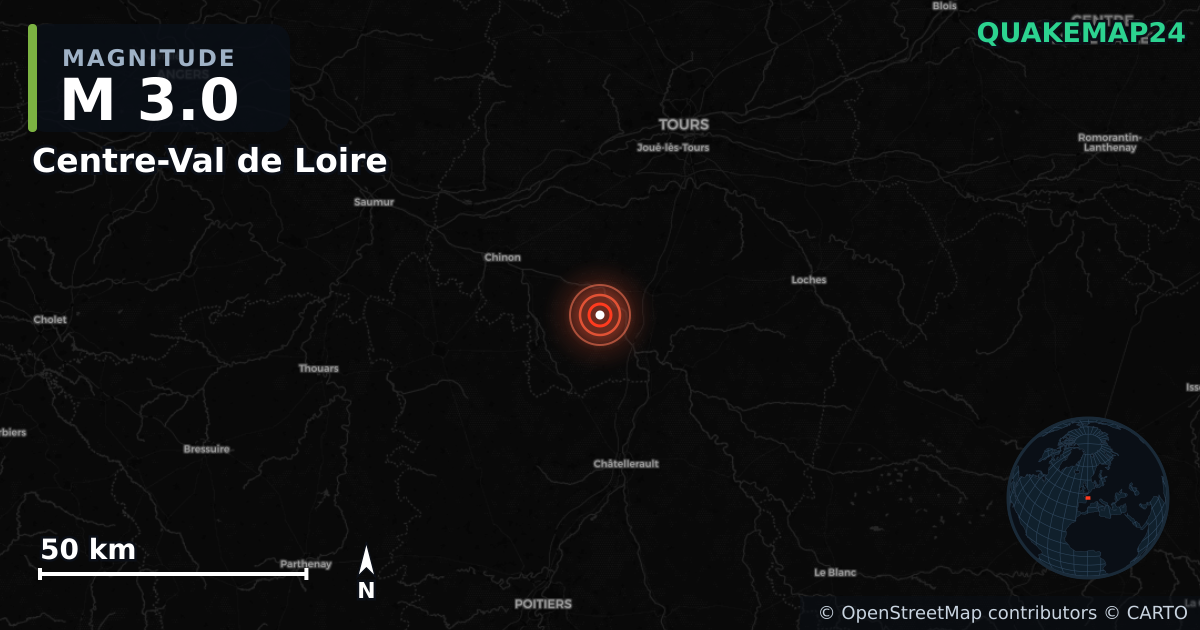 M3.0 earthquake near Centre-Val de Loire on Jul 25, 2025 — map of epicenter and shaking intensity | QuakeMap24
