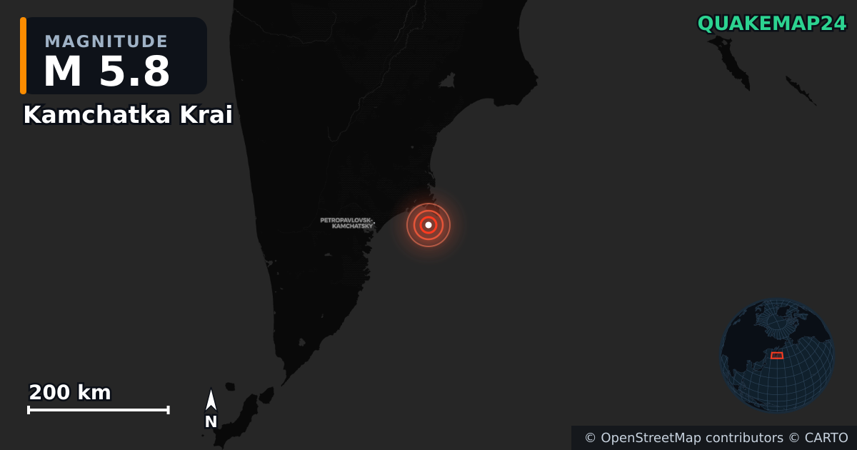 M5.8 earthquake near Kamchatka Krai on Aug 15, 2025 — map of epicenter and shaking intensity | QuakeMap24