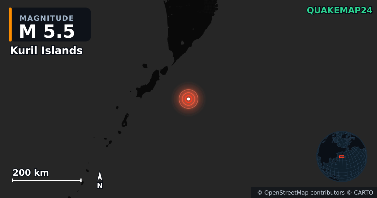 M5.5 earthquake near Kuril Islands on Jul 31, 2025 — map of epicenter and shaking intensity | QuakeMap24