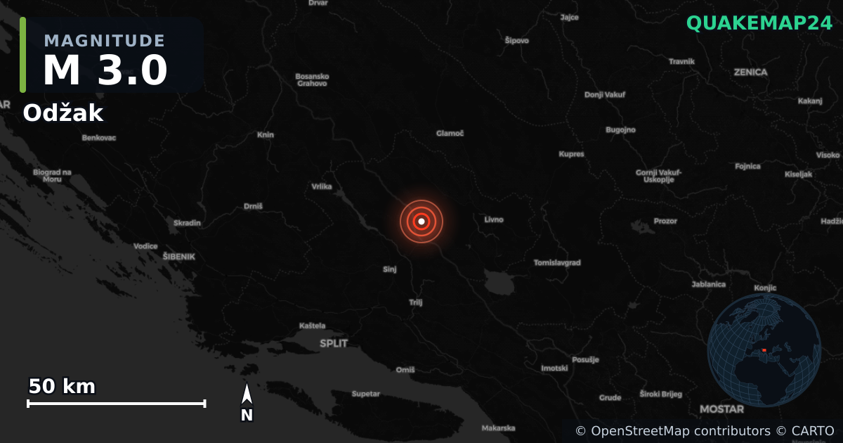 M3.0 earthquake near Odžak on May 25, 2026 — map of epicenter and shaking intensity | QuakeMap24