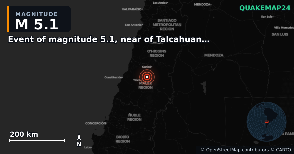M5.1 earthquake near Event of magnitude 5.1, near of Talcahuano (Monde) on Mar 16, 2026 — map of epicenter and shaking intensity | QuakeMap24