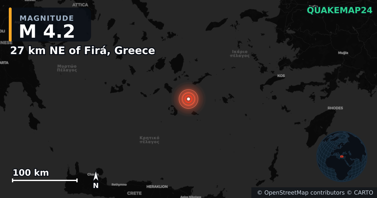 M4.2 earthquake near 27 km NE of Firá, Greece on Feb 4, 2025 — map of epicenter and shaking intensity | QuakeMap24