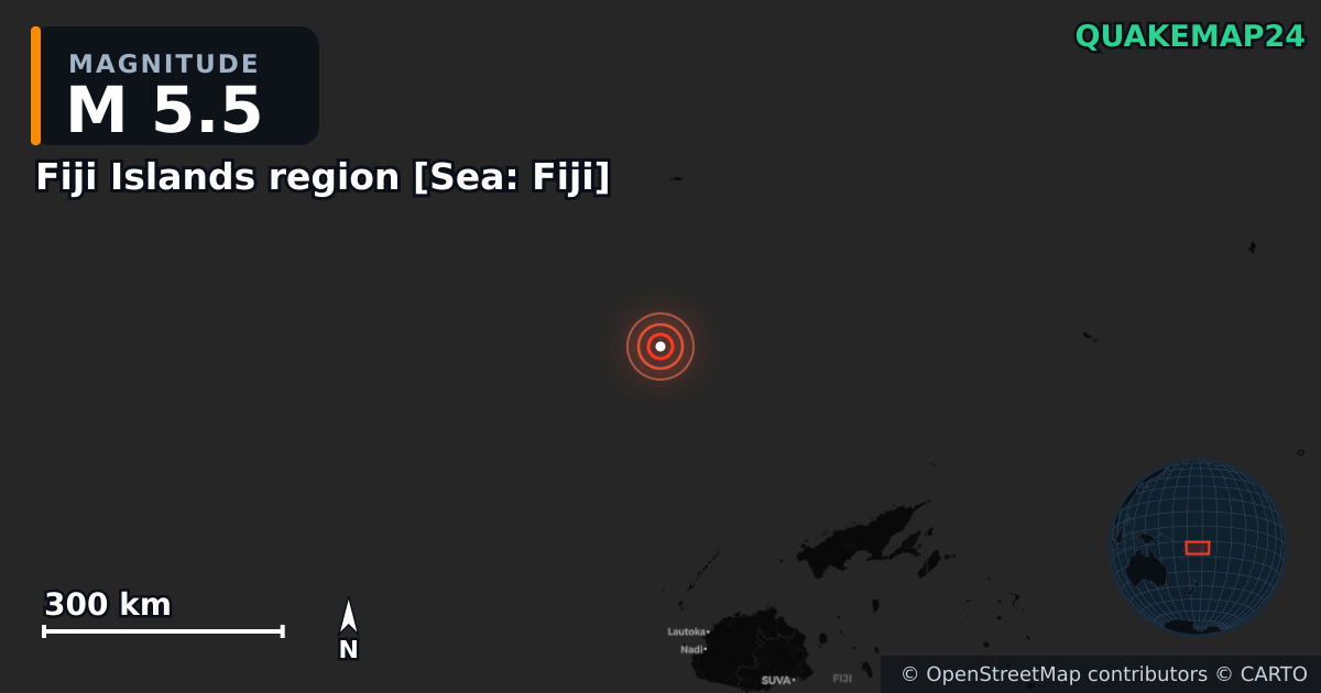 Terremoto de M5,5 cerca de Fiji Islands region [Sea: Fiji] — Mapa de la ubicación del epicentro