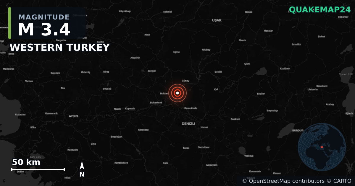 WESTERN TURKEY yakınında M3,4 deprem · 2026-03-09 — Deprem merkez üssünün konumunu gösteren harita