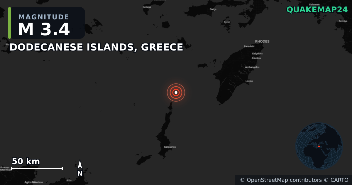 M3.4 earthquake near DODECANESE ISLANDS, GREECE on Jun 8, 2025 — map of epicenter and shaking intensity | QuakeMap24