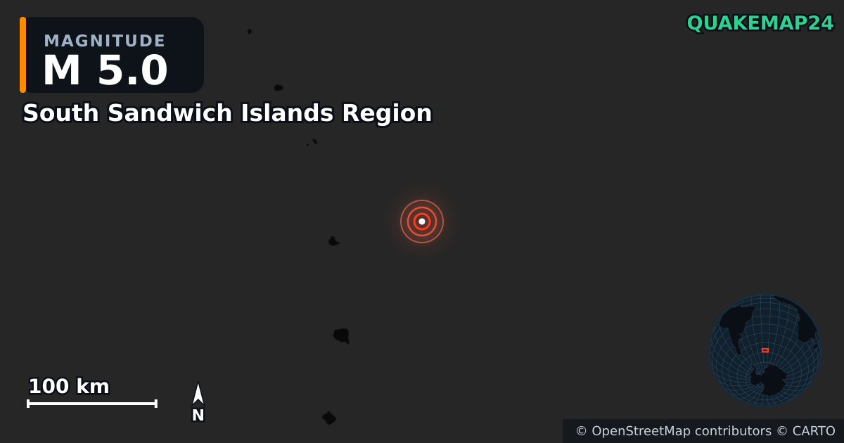 M5.0 earthquake near South Sandwich Islands Region on Feb 1, 2026 — map of epicenter and shaking intensity | QuakeMap24