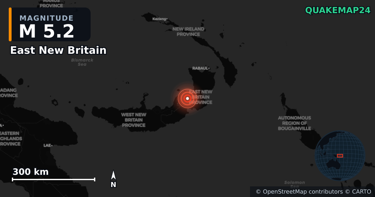 M5.2 earthquake near East New Britain on Dec 21, 2025 — map of epicenter and shaking intensity | QuakeMap24