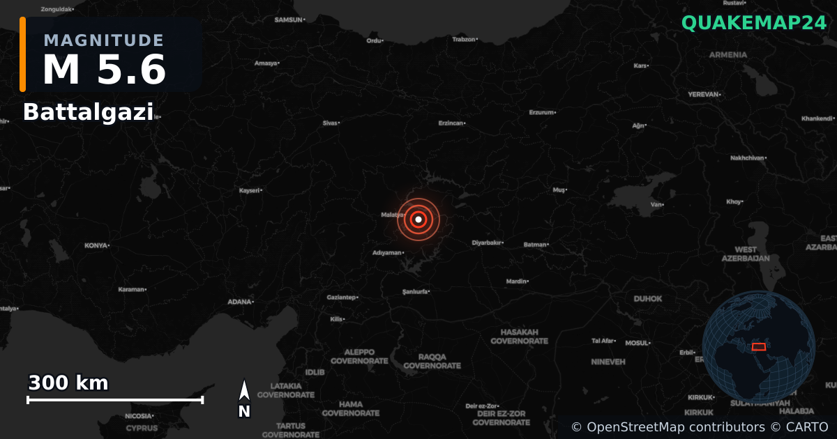 M5.6 earthquake near Battalgazi on May 20, 2026 — map of epicenter and shaking intensity | QuakeMap24