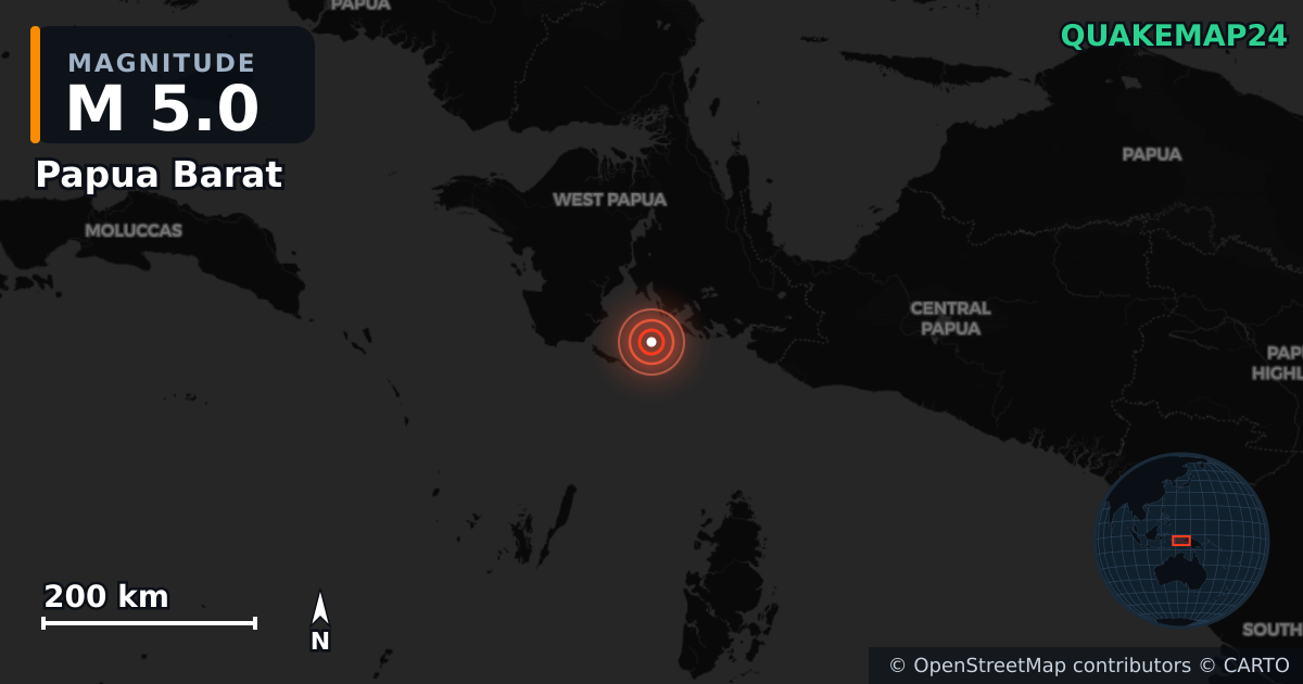 M5.0 earthquake near Papua Barat on May 25, 2026 — map of epicenter and shaking intensity | QuakeMap24