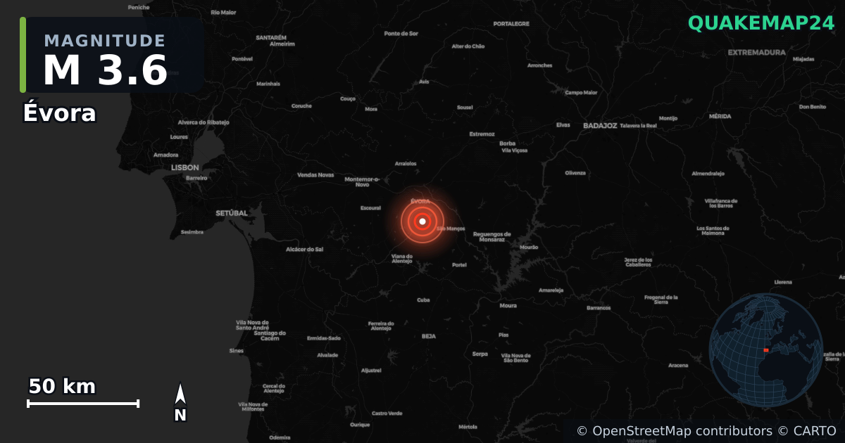 M3.6 earthquake near Évora on Jul 22, 2026 — map of epicenter and shaking intensity | QuakeMap24