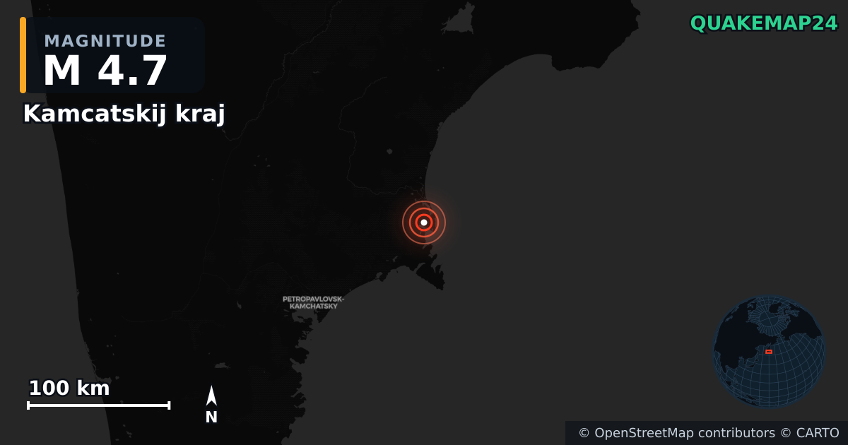 M4.7 earthquake near Kamcatskij kraj on Nov 13, 2025 — map of epicenter and shaking intensity | QuakeMap24