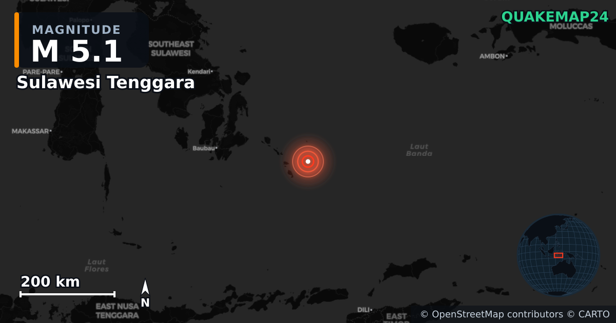 M5.1 earthquake near Sulawesi Tenggara on Jul 27, 2025 — map of epicenter and shaking intensity | QuakeMap24