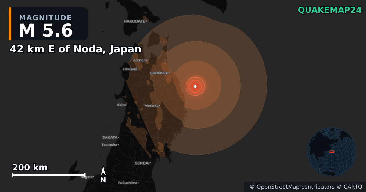 Erdbeben M5,6 bei 42 km E of Noda, Japan — Karte der Lage des Epizentrums