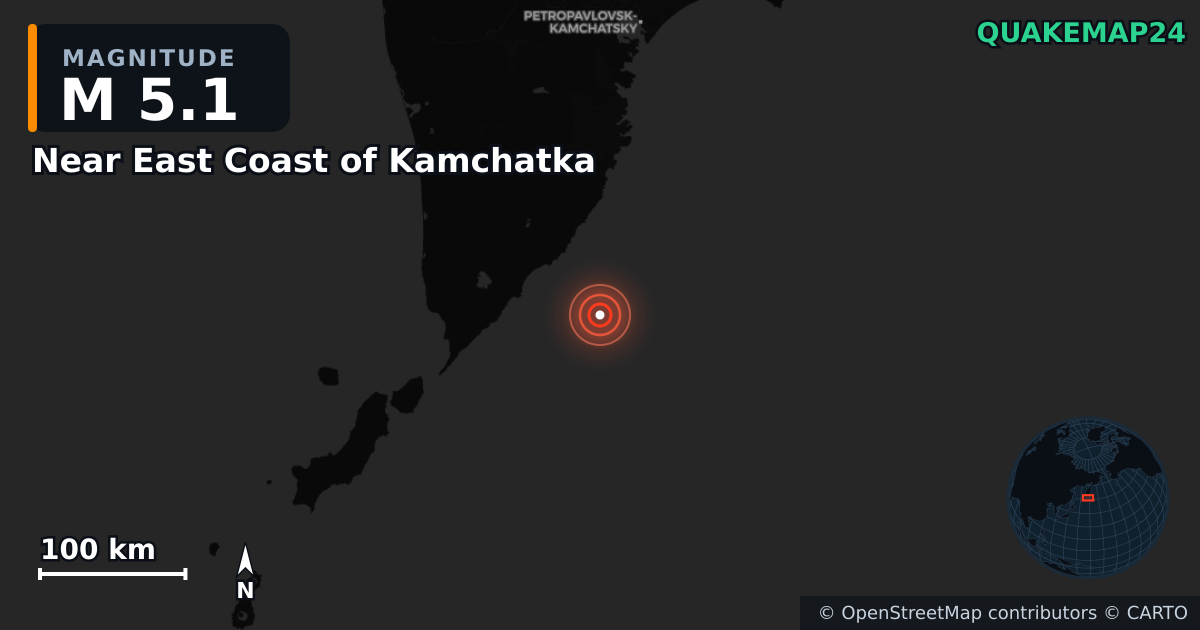 M5.1 earthquake near Near East Coast of Kamchatka on Jul 30, 2025 — map of epicenter and shaking intensity | QuakeMap24