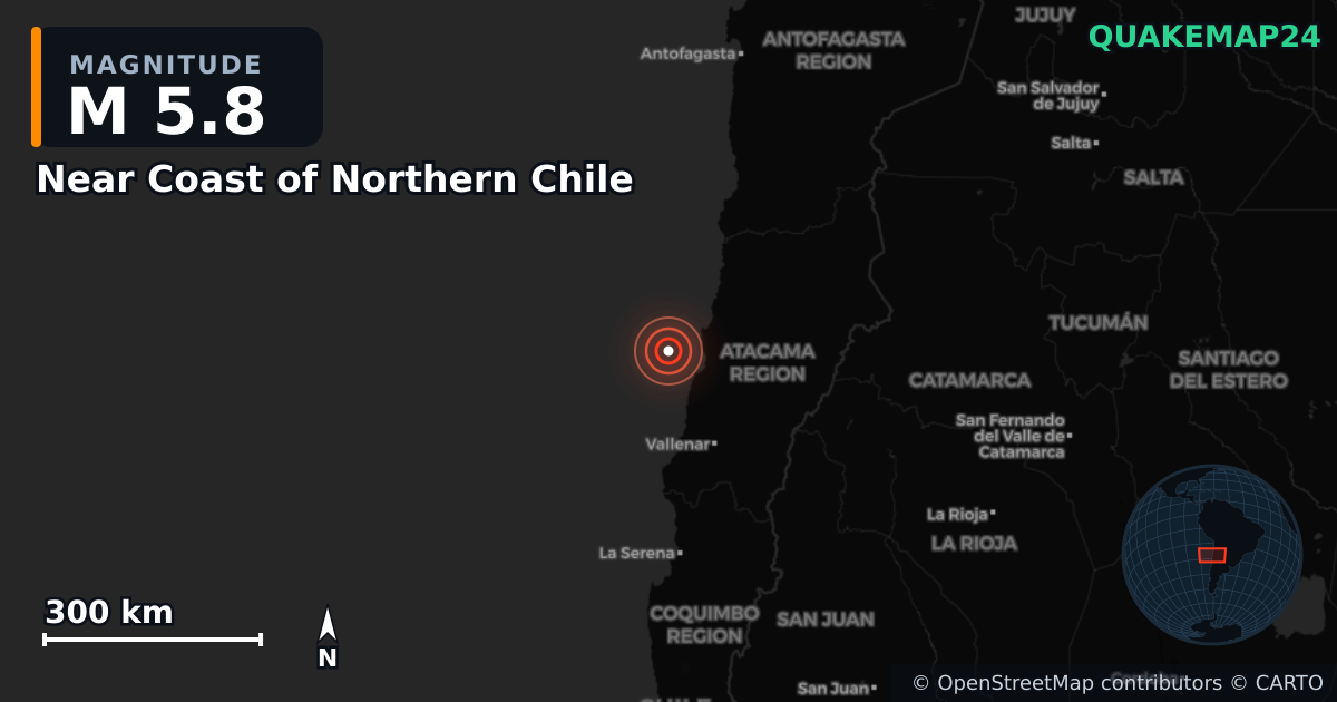 M5.8 earthquake near Near Coast of Northern Chile on Nov 3, 2025 — map of epicenter and shaking intensity | QuakeMap24