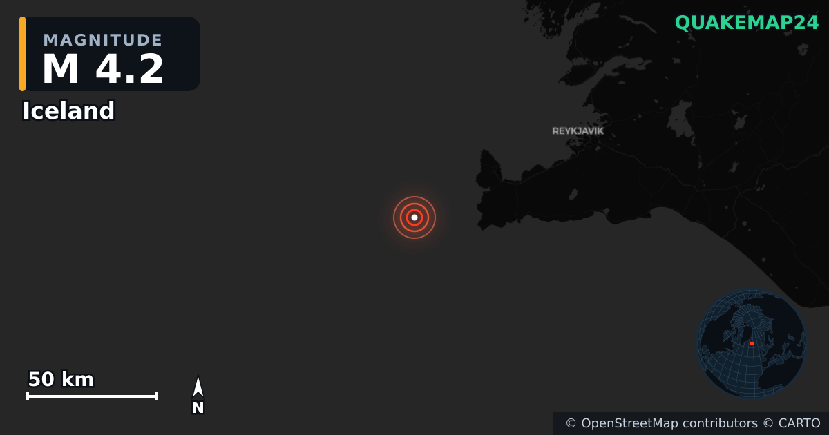 M4.2 earthquake near Iceland on Aug 25, 2026 — map of epicenter and shaking intensity | QuakeMap24