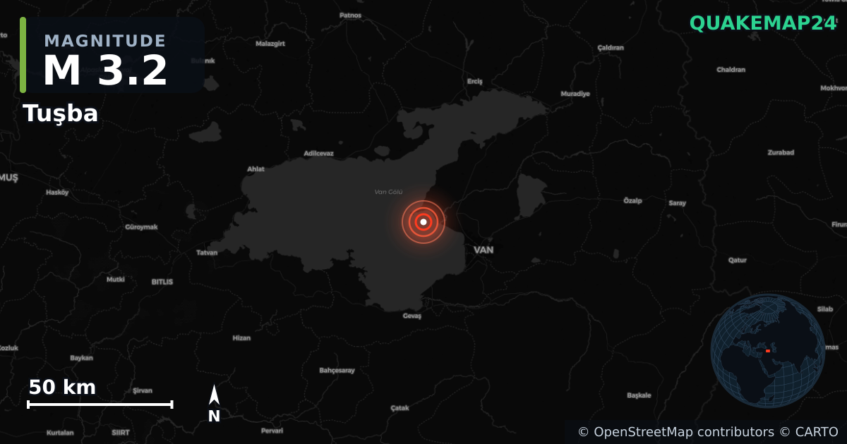 M3.2 earthquake near Tuşba on Oct 19, 2025 — map of epicenter and shaking intensity | QuakeMap24