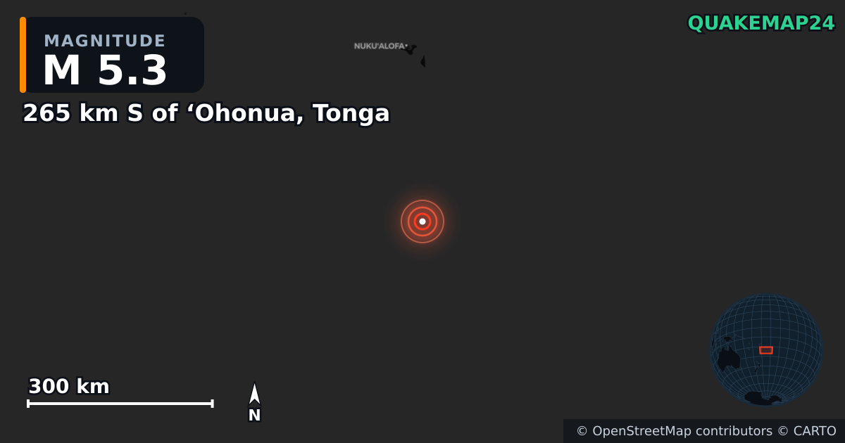 M5.3 earthquake near 265 km S of ‘Ohonua, Tonga on Aug 2, 2026 — map of epicenter and shaking intensity | QuakeMap24