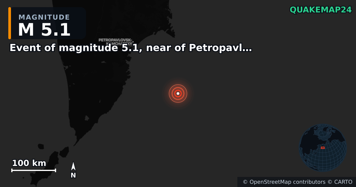 M5.1 earthquake near Event of magnitude 5.1, near of Petropavlovsk Kamchatskiy (Monde) on Aug 23, 2025 — map of epicenter and shaking intensity | QuakeMap24