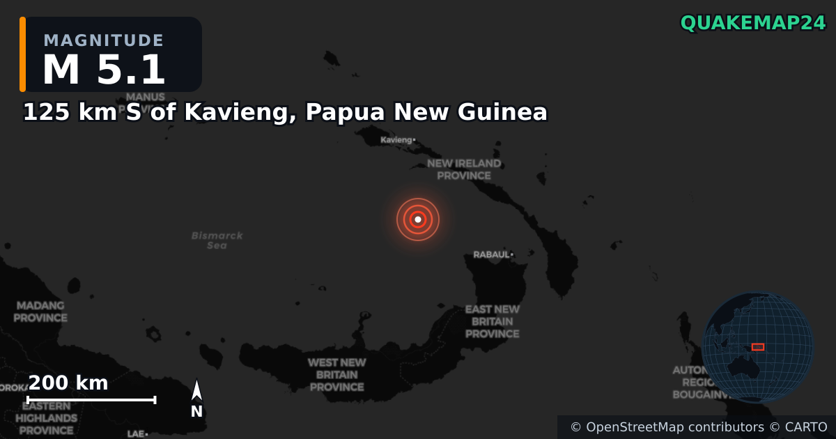 M5.1 earthquake near 125 km S of Kavieng, Papua New Guinea on Feb 11, 2025 — map of epicenter and shaking intensity | QuakeMap24