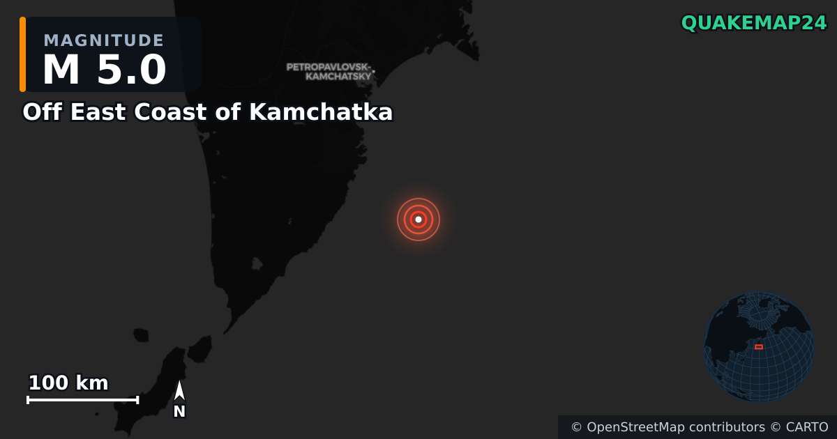 M5.0 earthquake near Off East Coast of Kamchatka on Jul 30, 2025 — map of epicenter and shaking intensity | QuakeMap24