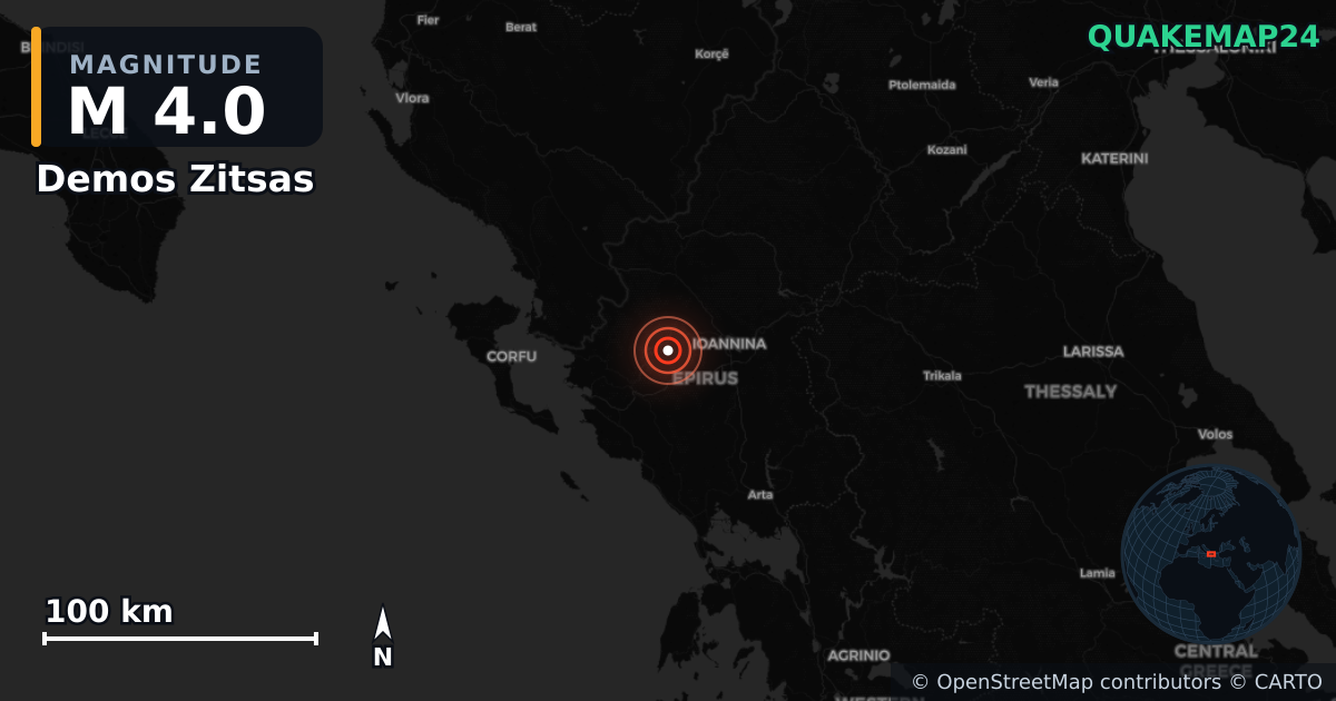 Sismo de M4,0 perto de Demos Zitsas, Periphereia Epeirou (Grécia) · 2026-04-04 — Mapa da localização do epicentro