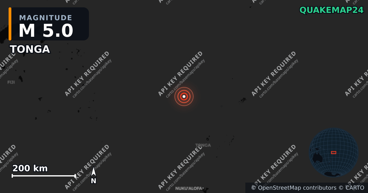 M5.0 earthquake near TONGA on May 3, 2026 — map of epicenter and shaking intensity | QuakeMap24