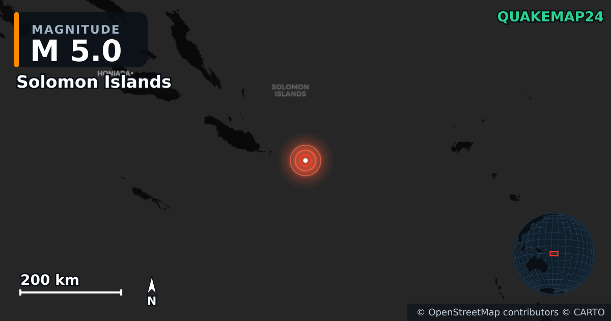 M5.0 earthquake near Solomon Islands on Apr 8, 2026 — map of epicenter and shaking intensity | QuakeMap24