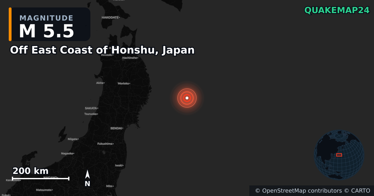M5.5 earthquake near Off East Coast of Honshu, Japan on Nov 10, 2025 — map of epicenter and shaking intensity | QuakeMap24