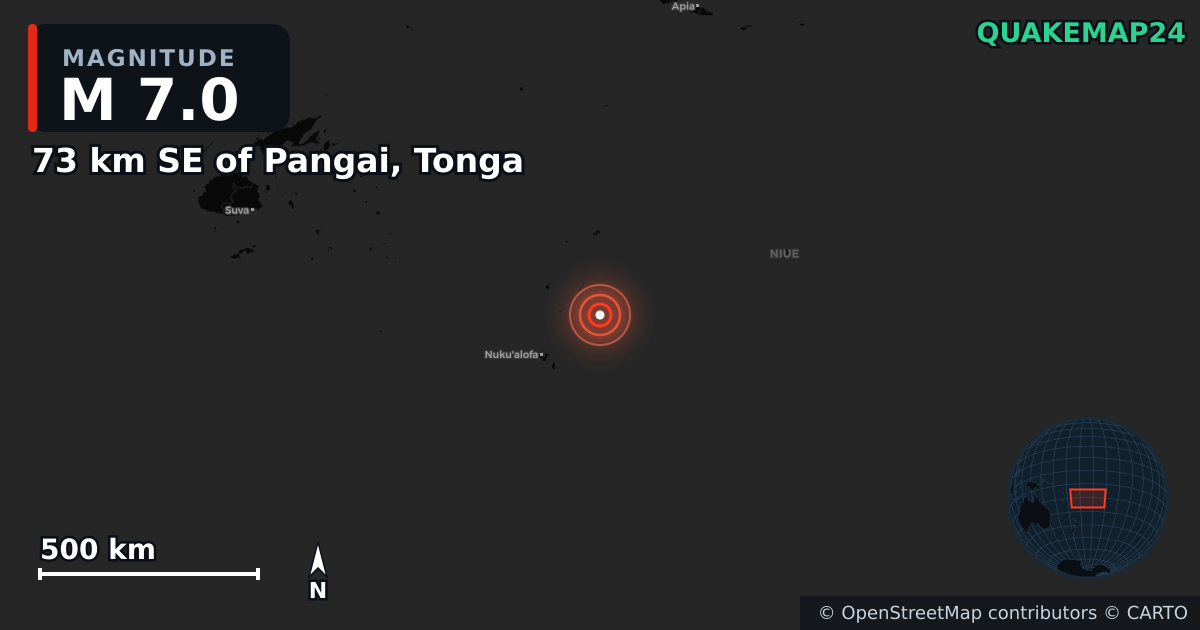 M7.0 earthquake near 73 km SE of Pangai, Tonga on Mar 30, 2025 — map of epicenter and shaking intensity | QuakeMap24