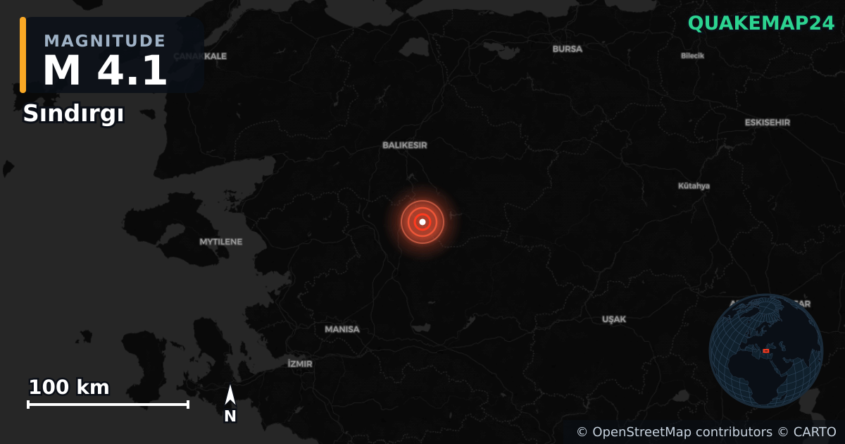 M4.1 earthquake near Sındırgı on Nov 11, 2025 — map of epicenter and shaking intensity | QuakeMap24