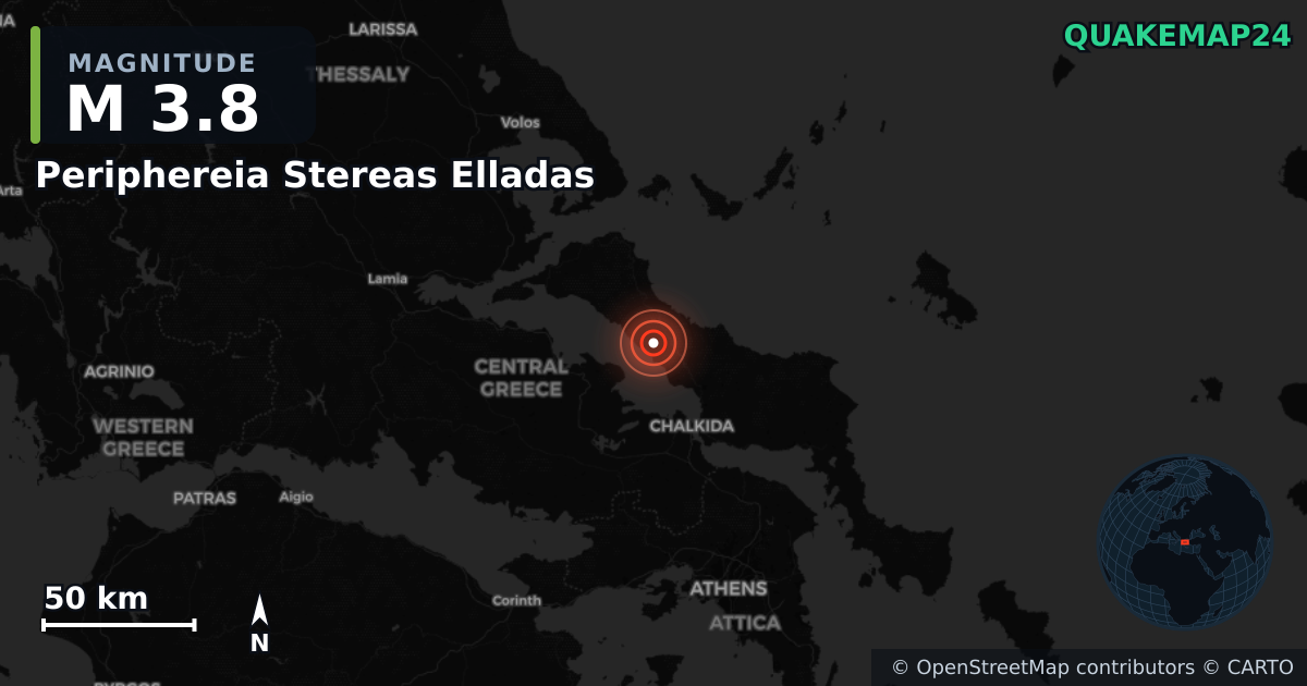M3.8 earthquake near Periphereia Stereas Elladas on Jun 7, 2026 — map of epicenter and shaking intensity | QuakeMap24