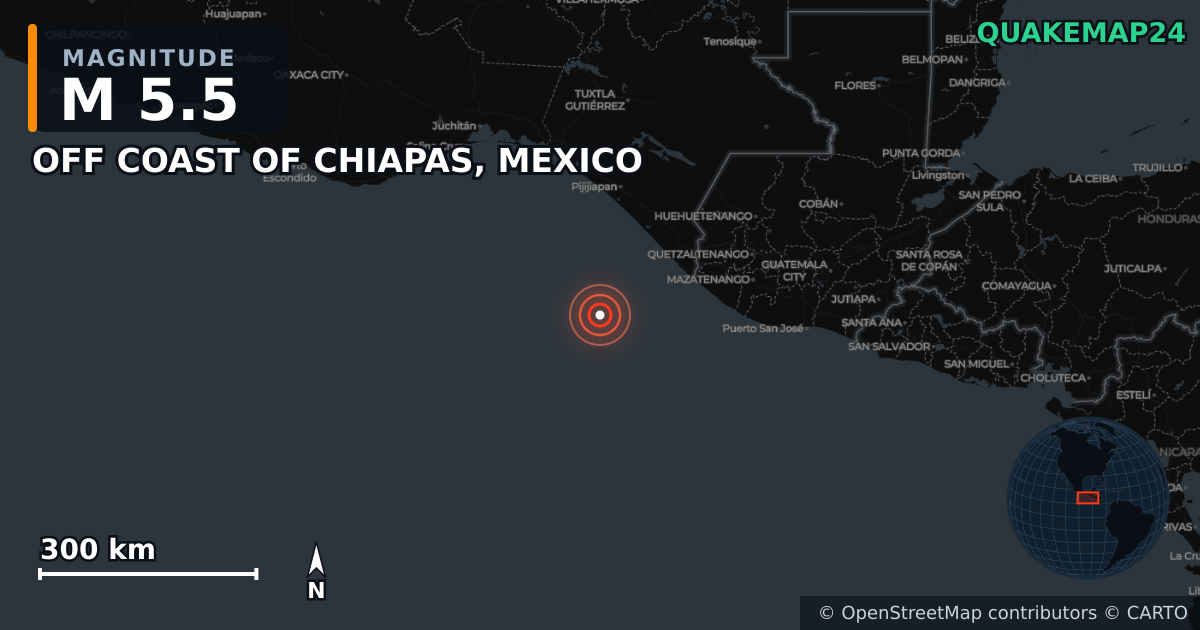 Σεισμός M5,5 κοντά στο OFF COAST OF CHIAPAS, MEXICO · 2026-10-17 — Χάρτης της θέσης του επικέντρου