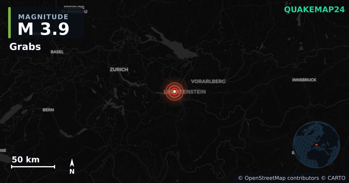 M3.9 earthquake near Grabs on Apr 26, 2026 — map of epicenter and shaking intensity | QuakeMap24