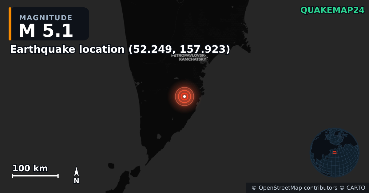M5.1 earthquake near Deprem konumu (52.249, 157.923) on Sep 18, 2025 — map of epicenter and shaking intensity | QuakeMap24