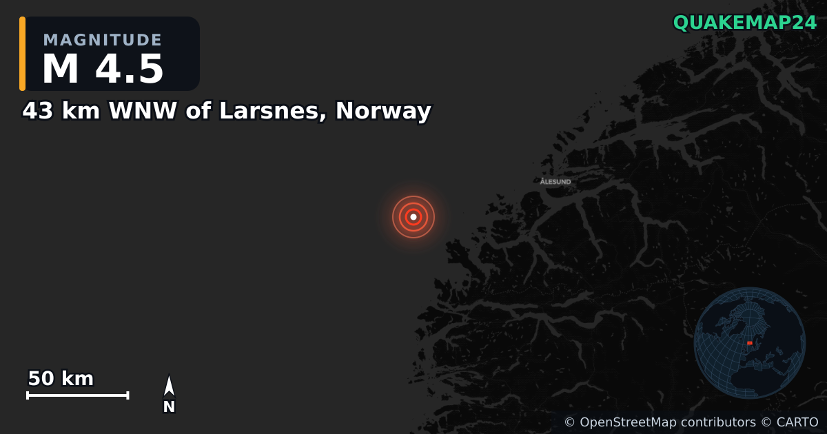 M4.5 earthquake near 43 km WNW of Larsnes, Norway on Jan 12, 2025 — map of epicenter and shaking intensity | QuakeMap24