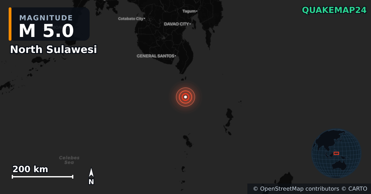 M5.0 earthquake near North Sulawesi on Jul 25, 2026 — map of epicenter and shaking intensity | QuakeMap24