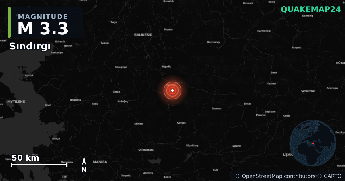 M3.3 earthquake near Sındırgı on Sep 4, 2025 — map of epicenter and shaking intensity | QuakeMap24