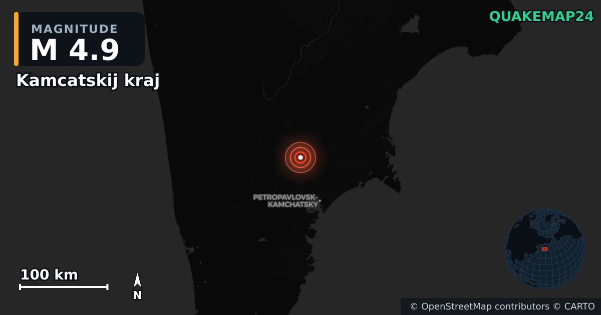 M4.9 earthquake near Kamcatskij kraj on Aug 2, 2025 — map of epicenter and shaking intensity | QuakeMap24