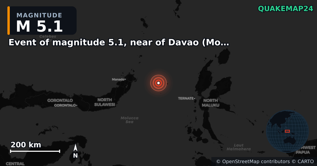 Erdbeben M5,1 bei Event of magnitude 5.1, near of Davao (Monde) — Karte der Lage des Epizentrums