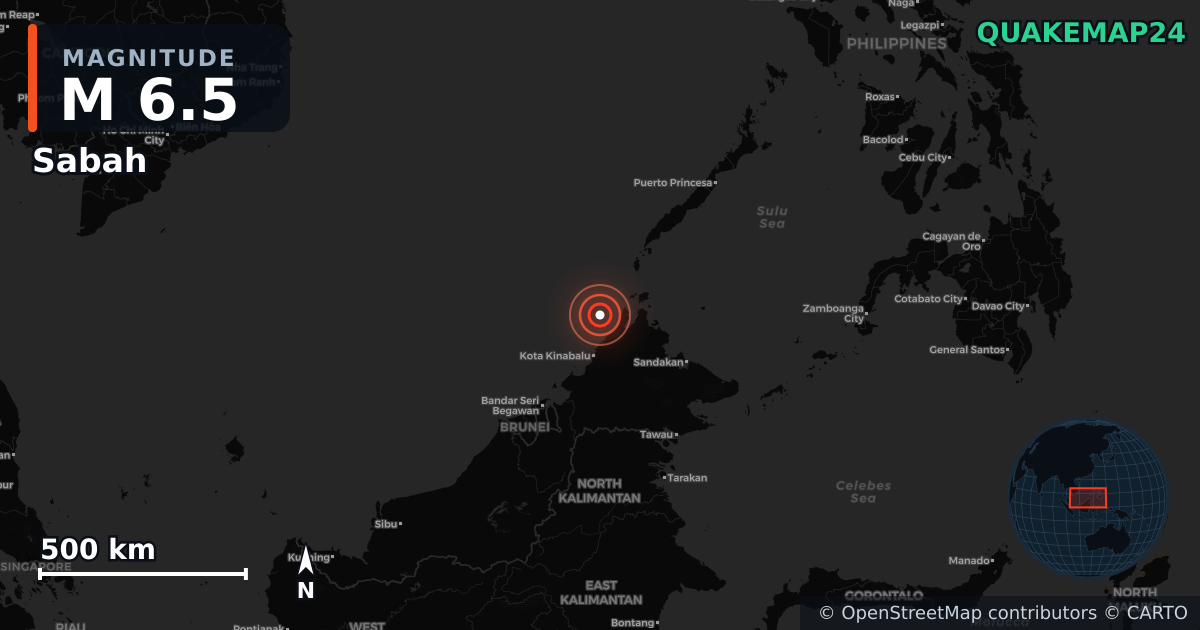 M6.5 earthquake near Sabah on Feb 22, 2026 — map of epicenter and shaking intensity | QuakeMap24