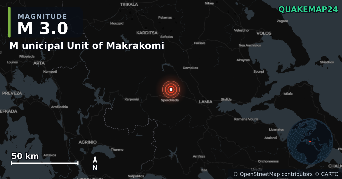 Terremoto de M3,0 cerca de M unicipal Unit of Makrakomi, Central Greece (Grecia) · 2026-10-30 — Mapa de la ubicación del epicentro