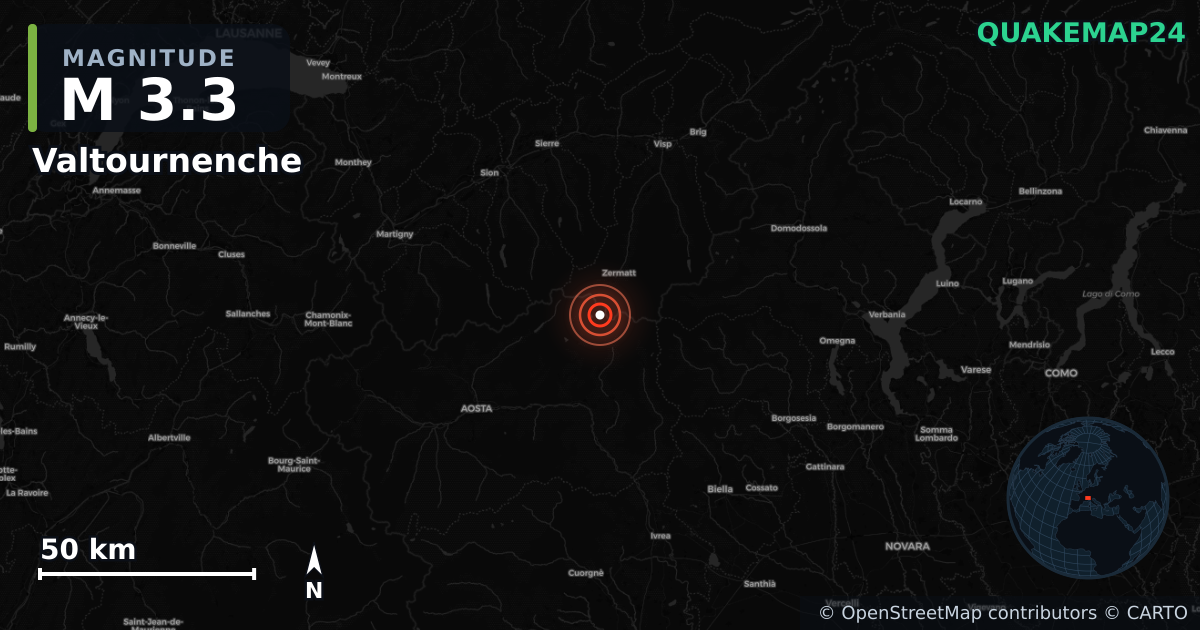 M3.3 earthquake near Valtournenche on Jan 20, 2026 — map of epicenter and shaking intensity | QuakeMap24