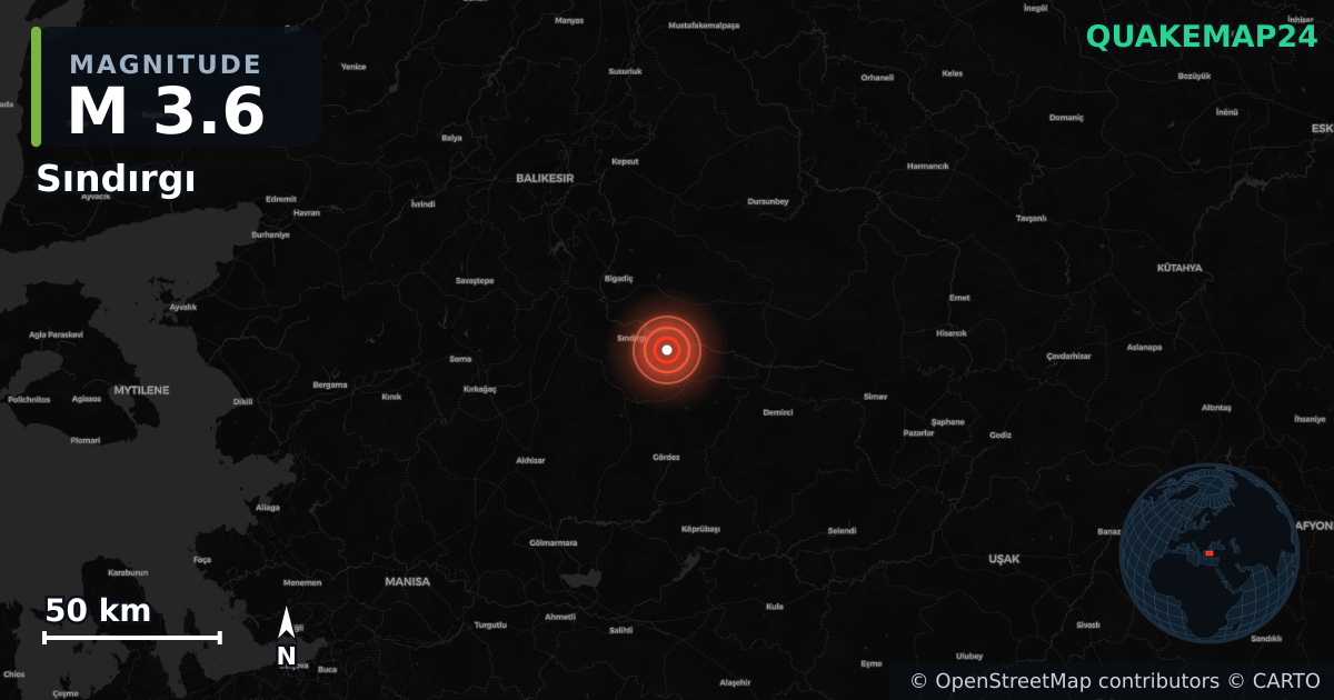 M3.6 earthquake near Sındırgı on Jan 23, 2026 — map of epicenter and shaking intensity | QuakeMap24