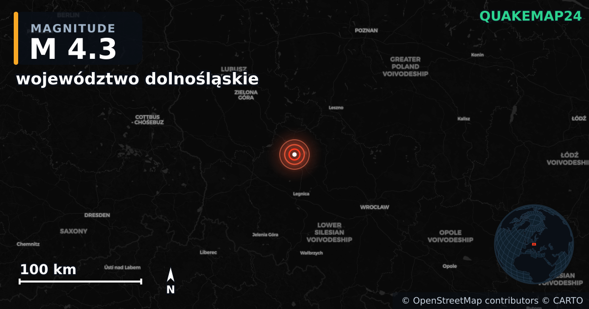 M4.3 earthquake near województwo dolnośląskie on Oct 18, 2025 — map of epicenter and shaking intensity | QuakeMap24